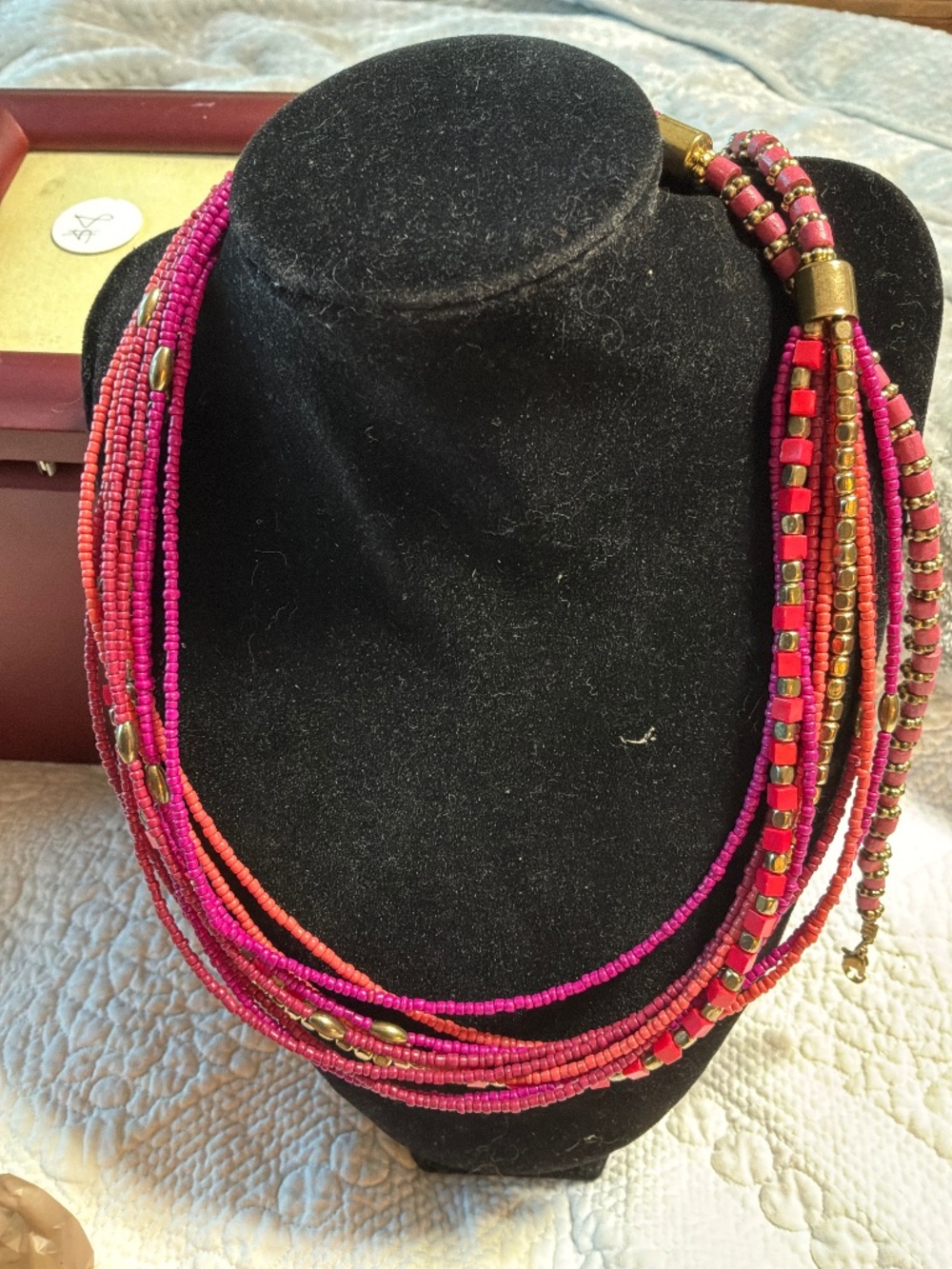 Boho Multi-Strand Seed Bead Opera Necklace - Pink, Red, & Gold Accents